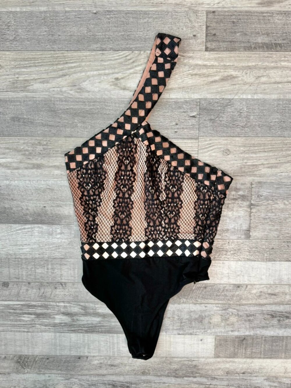 NBD Black Pink Lace One Shoulder Bodysuit Size XS Q30